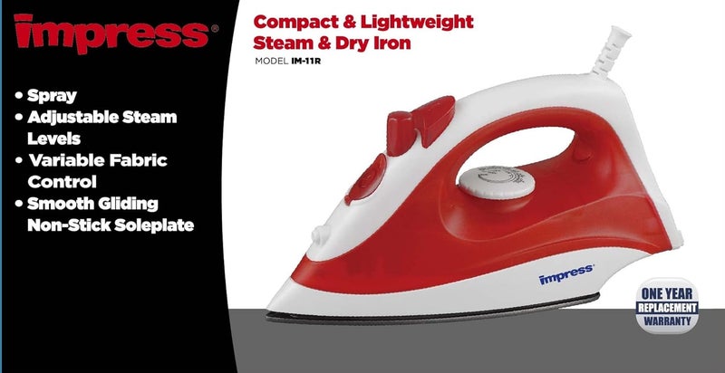 Impress Basic Clothing Iron | Non-Stick | Compact | Spray | Adjustable Steam | Fabric Selector | Swivel Cord | Lightweight | 1200-Watt (Red) - Image 2